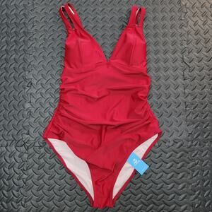 Cupshe Red One-Piece Swimsuit Ruched Tummy Control Plunge V-Neck Size L NWT